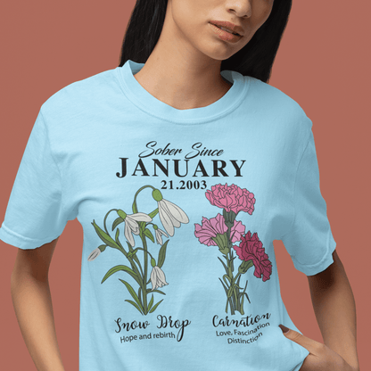 Sober Since Monthly Flower Tee Personalized with Your Sober Date Sober T Shirt packaging detail (view 8)