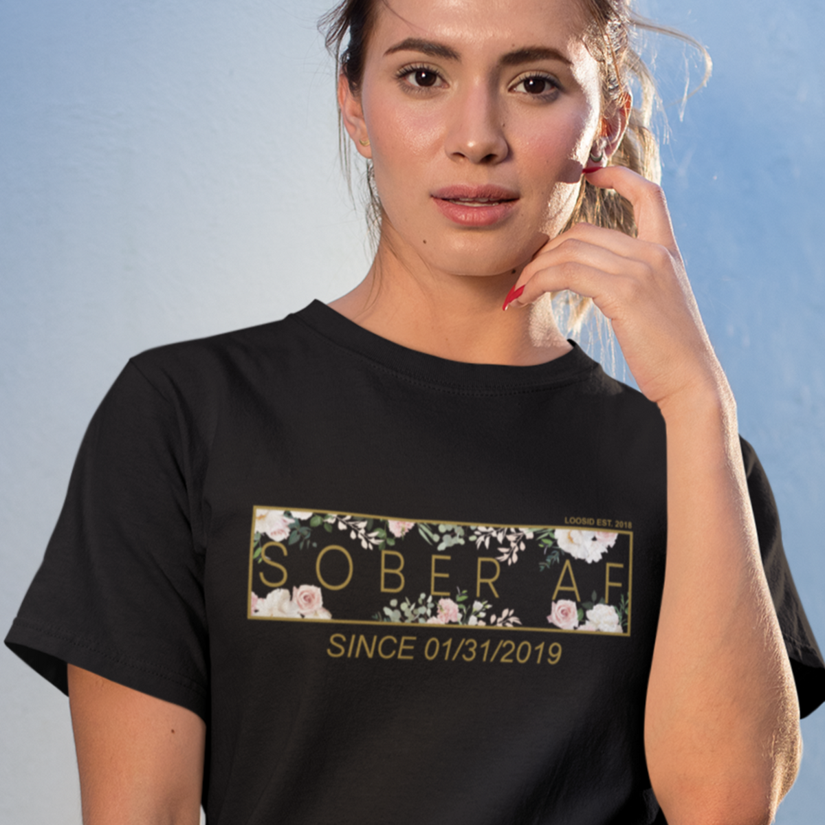Women's Sober AF Flower T-shirt w/ Personalized Sobriety Date