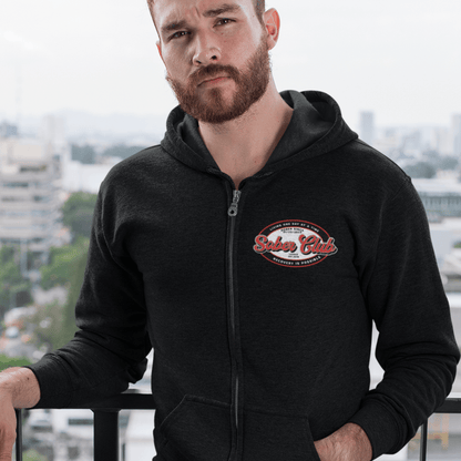 Sober Club Badge Left Chest Print Unisex Zip Recovery Hoodie flat lay styled image (view 3)