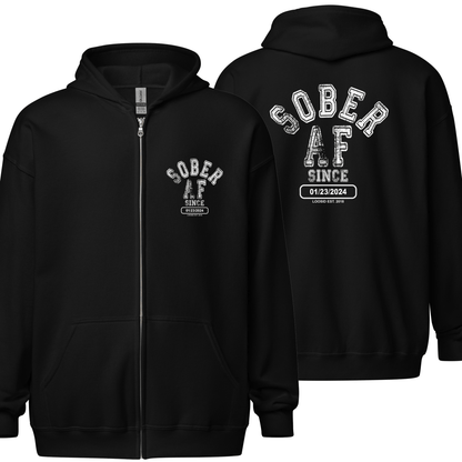 Sober AF Since Unisex Zip Recovery Hoodie close-up view (view 2)