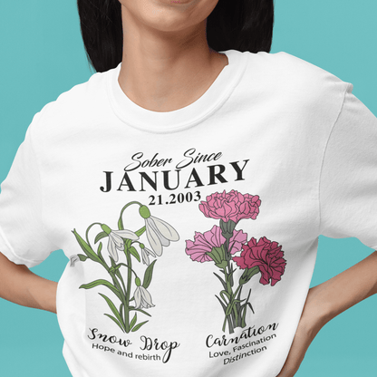Sober Since Monthly Flower Tee Personalized with Your Sober Date Sober T Shirt close-up view (view 2)