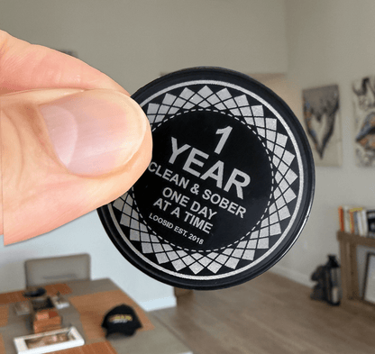 Loosid Clean or Sober Year Black Sobriety Coin featuring the design