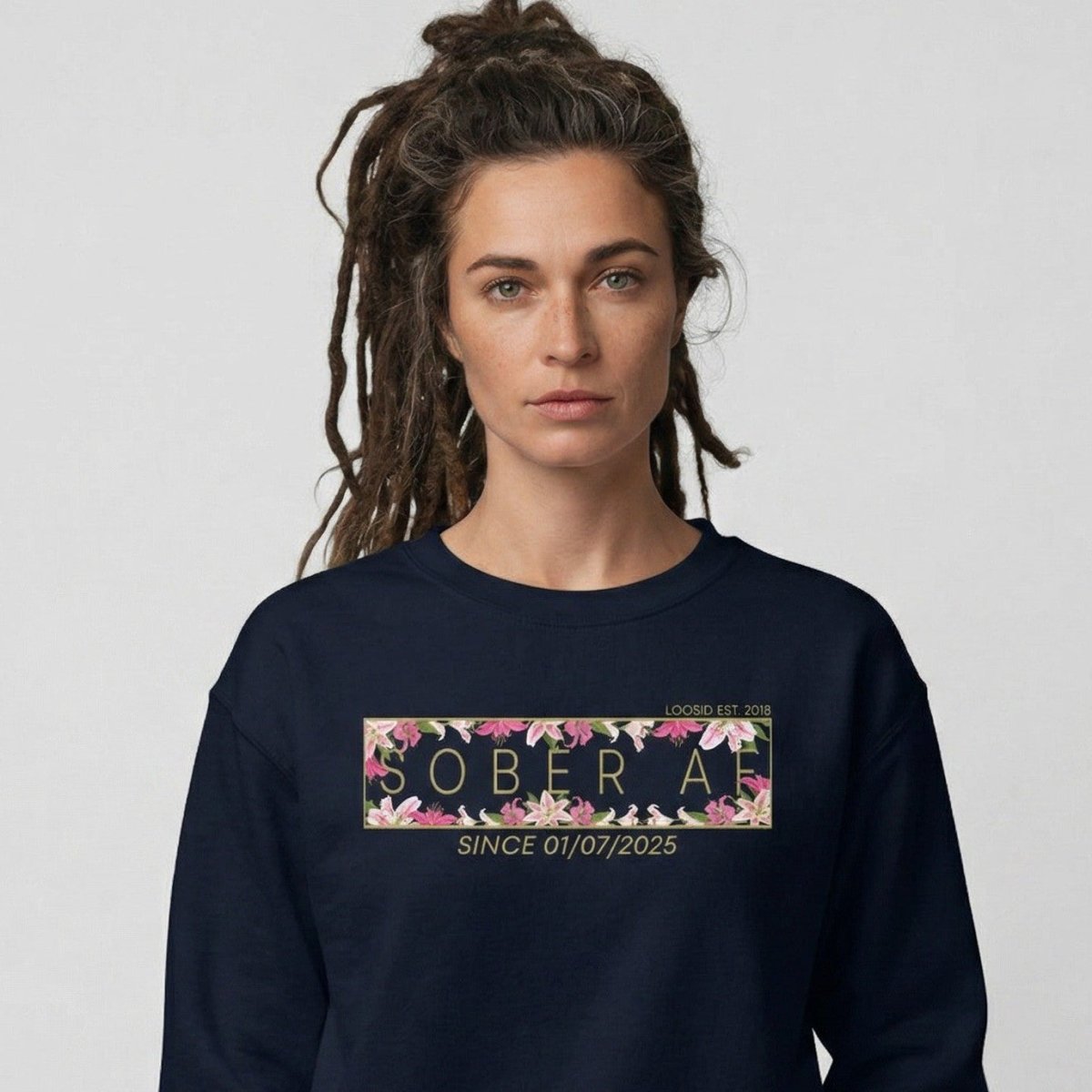 Sober AF Sweatshirt w Custom Sobriety Date Recovery Hoodie fit detail (view 9)