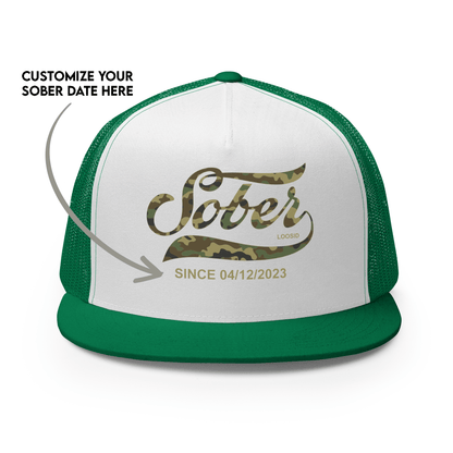 Sober Since Camo w Personalized Date Sober Hat flat lay styled image (view 13)