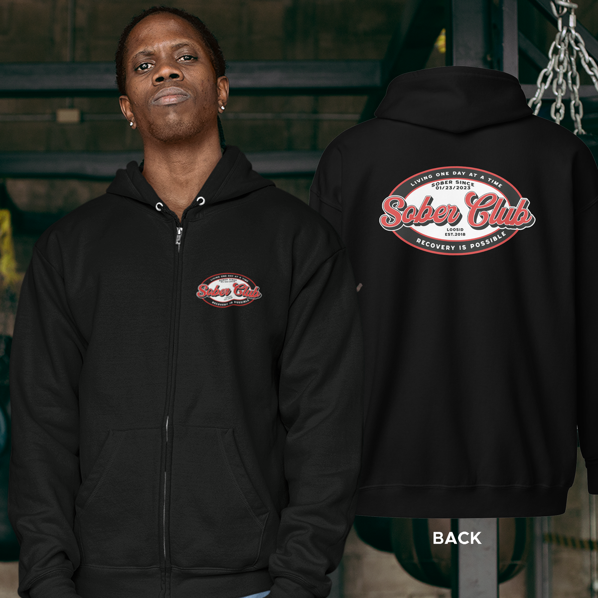 Sober Club Badge Unisex Zip Hoodie with Custom Sobriety Date (Front & Back)