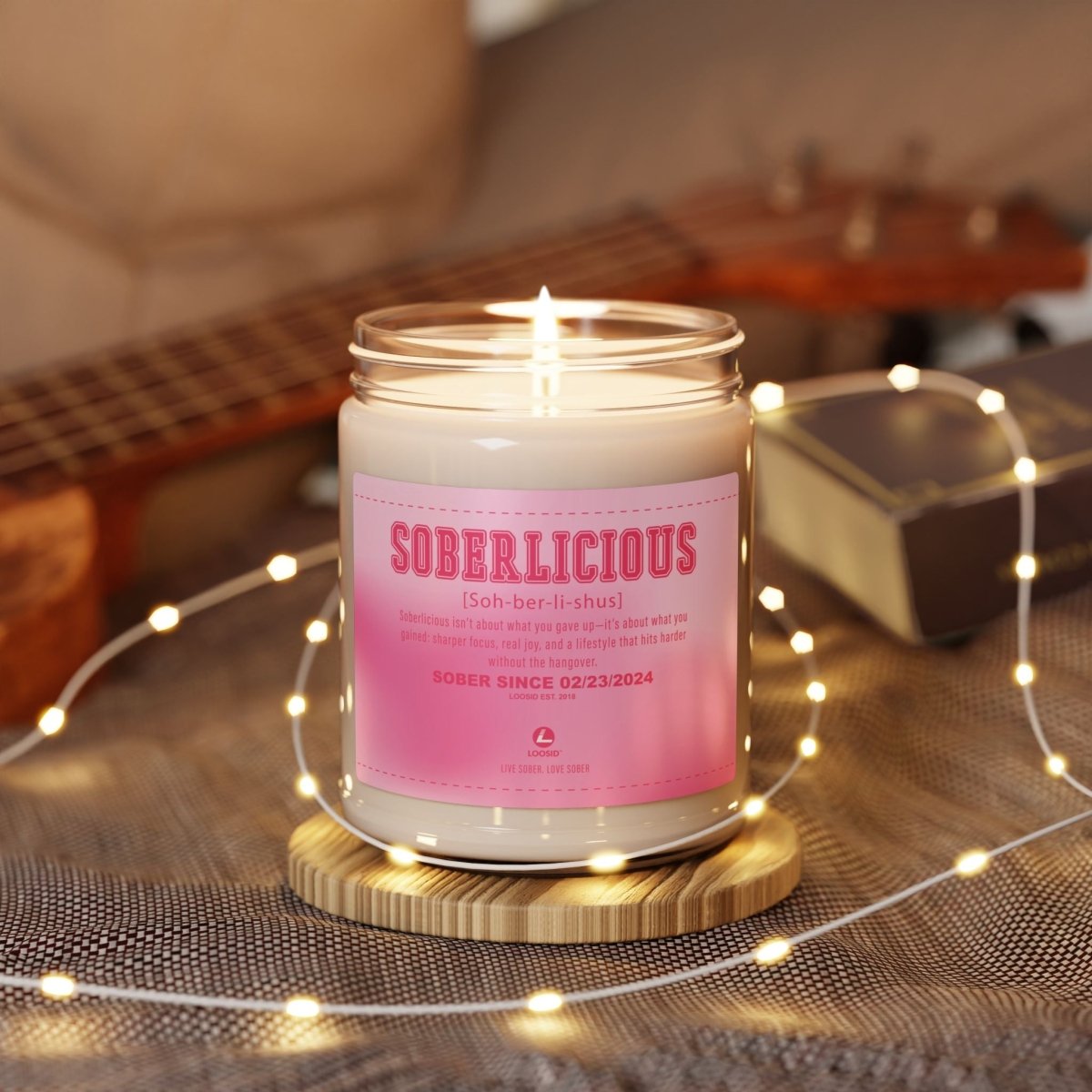 Loosid Soberlicious Scented Soy Sobriety Candle featuring the design