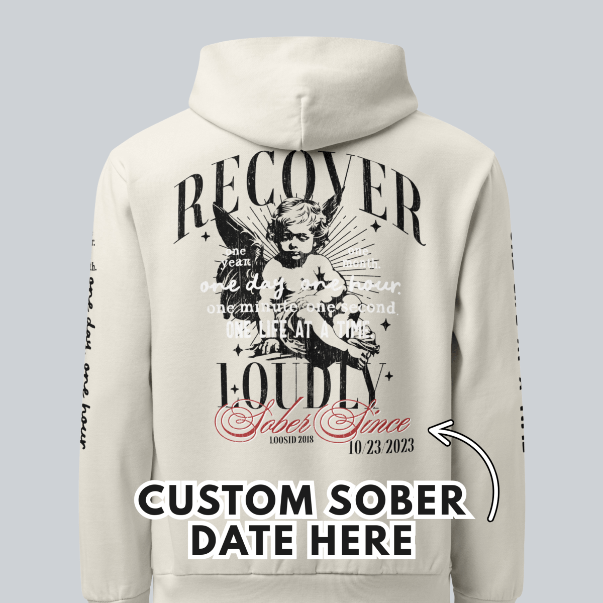 Recover Loudly Cream Recovery Hoodie Limited Edition Recovery Hoodie graphic detail (view 4)