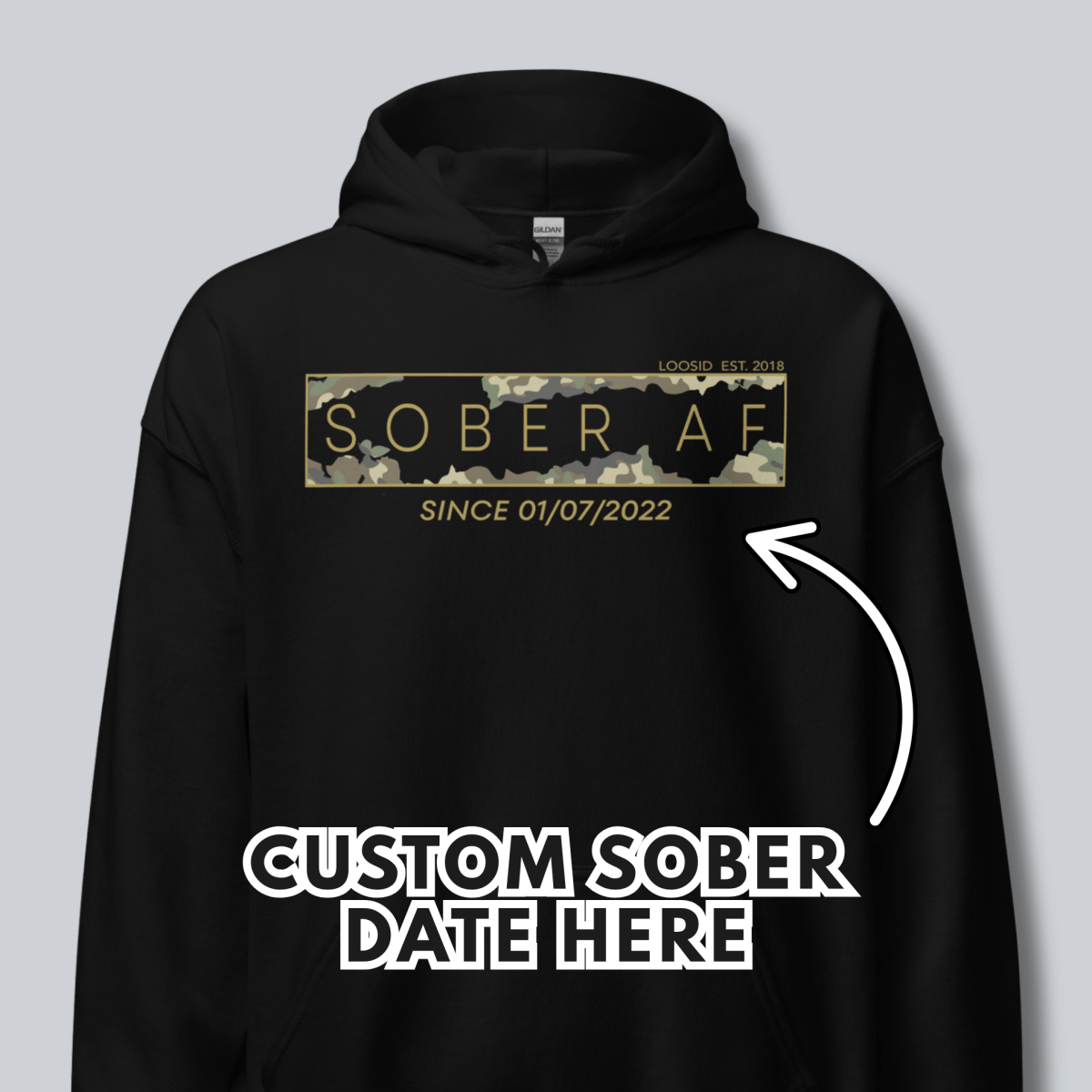 Sober AF Camo Recovery Hoodie lifestyle view (view 5)