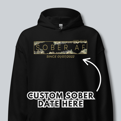 Sober AF Camo Recovery Hoodie lifestyle view (view 5)