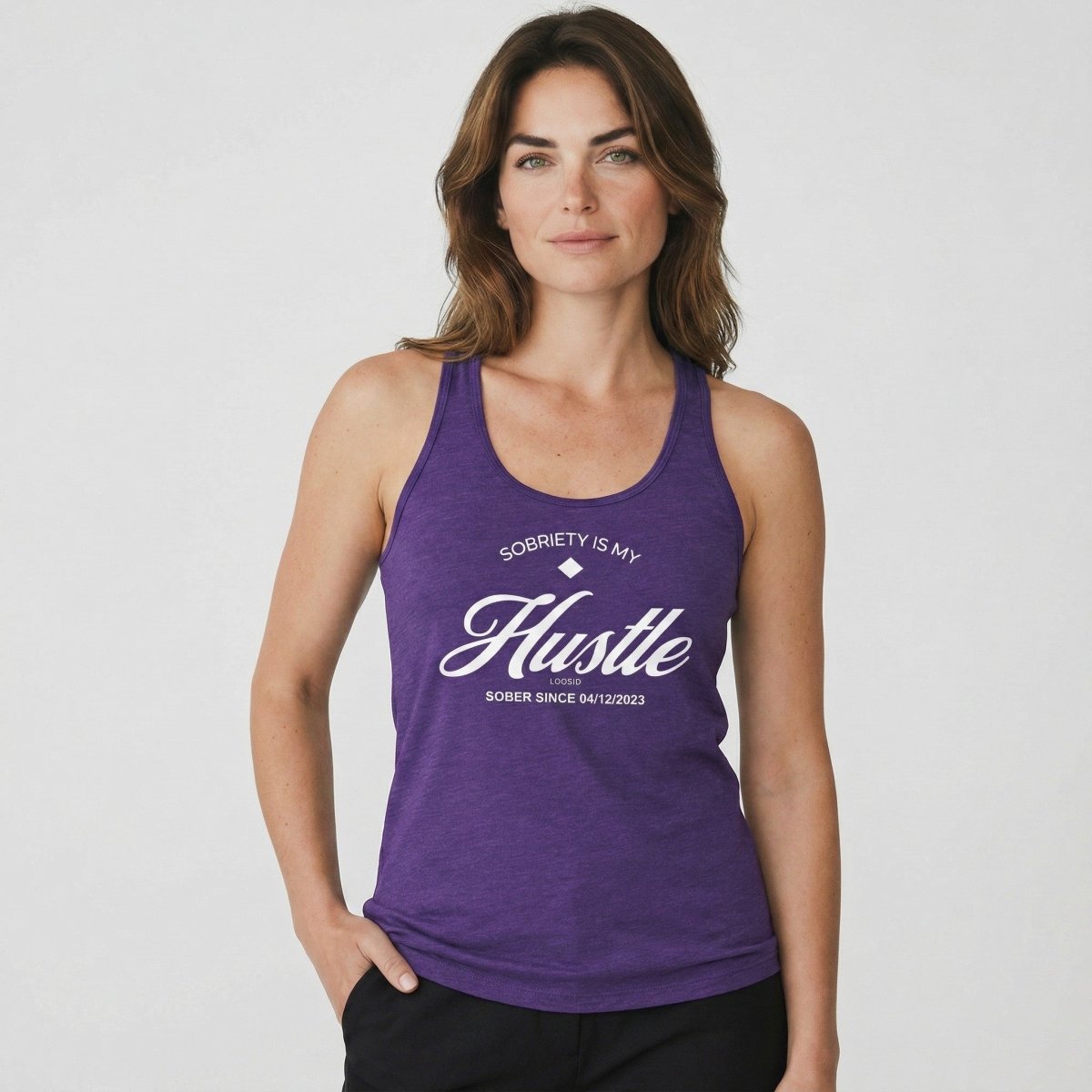 Hustle Women's w Personalize Sober Date Sober Tank Top graphic detail (view 4)