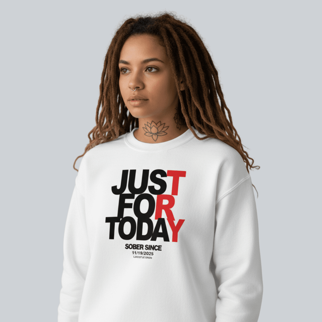 Just Try For Today Sobriety Recovery Hoodie flat lay styled image (view 33)