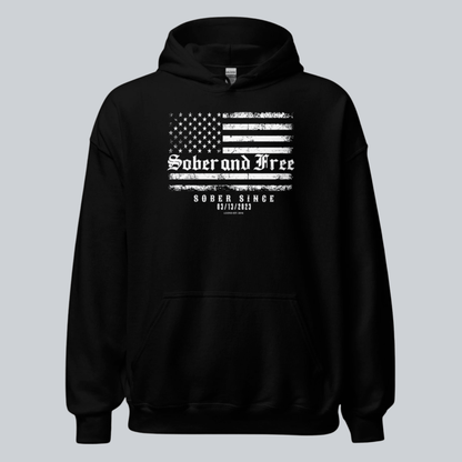 Sober and Free Custom Sobriety Date Recovery Hoodie flat lay styled image (view 3)