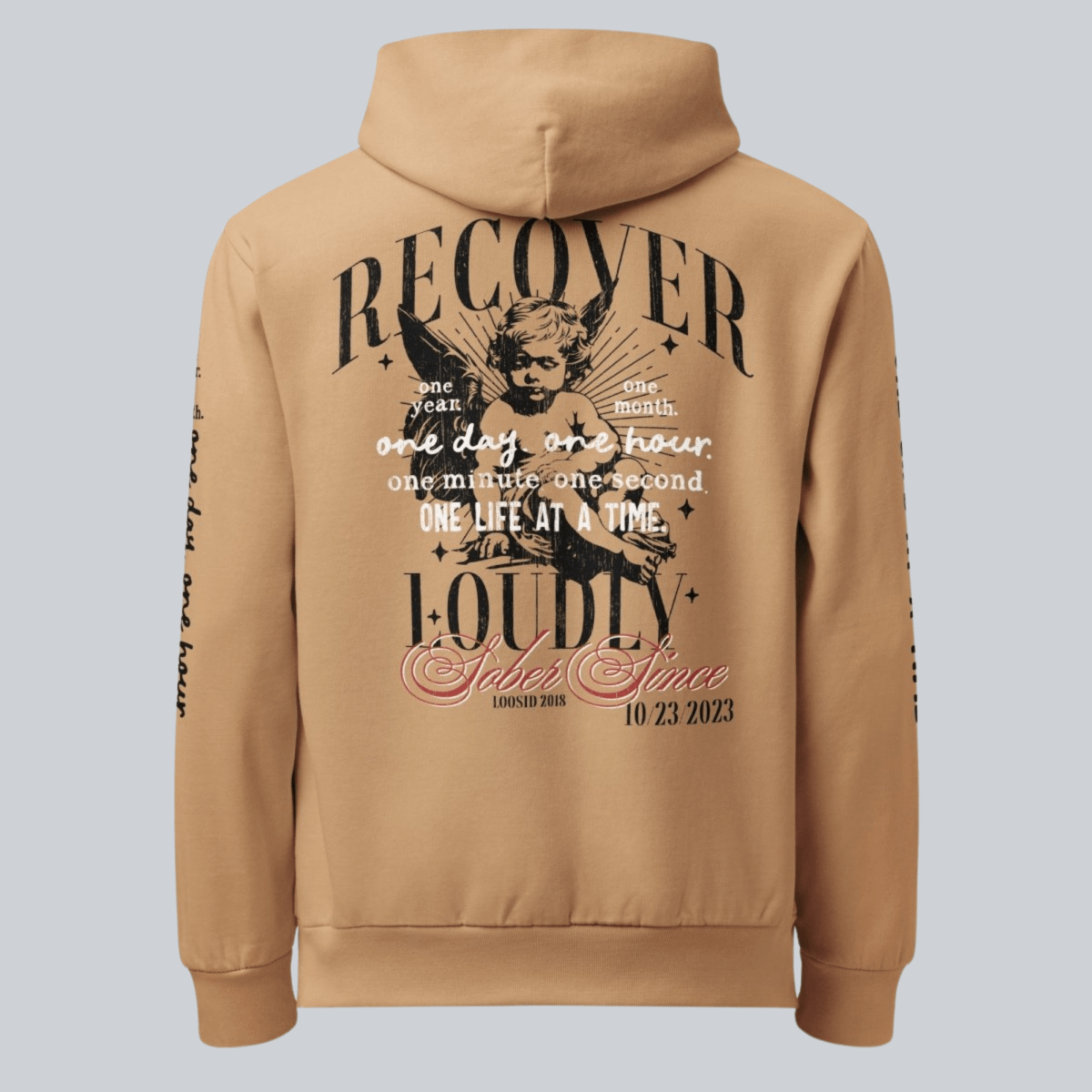 Recover Loudly Tan Recovery Hoodie Limited Edition Recovery Hoodie close-up view (view 2)