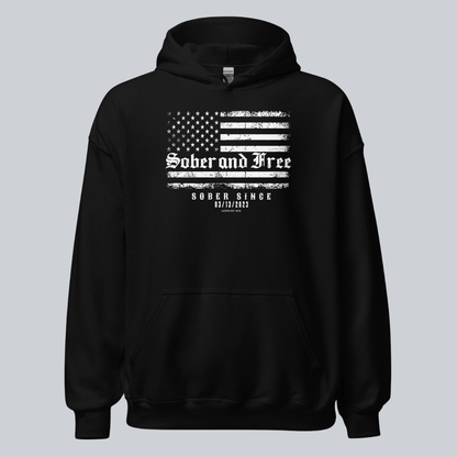 Sober and Free Custom Sobriety Date Recovery Hoodie flat lay styled image (view 3)