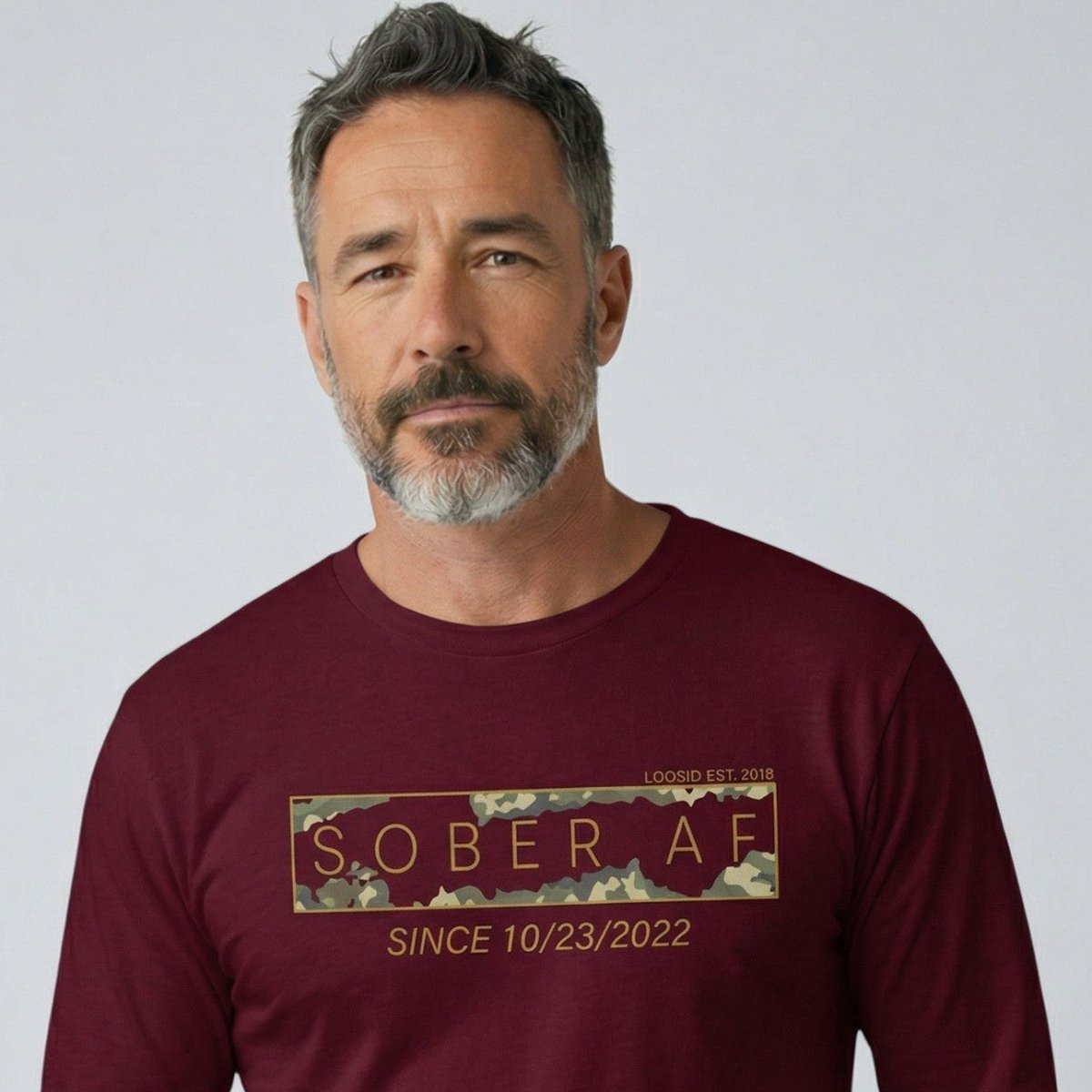 Sober AF Camo Long Sleeve Sober T Shirt close-up view (view 12)