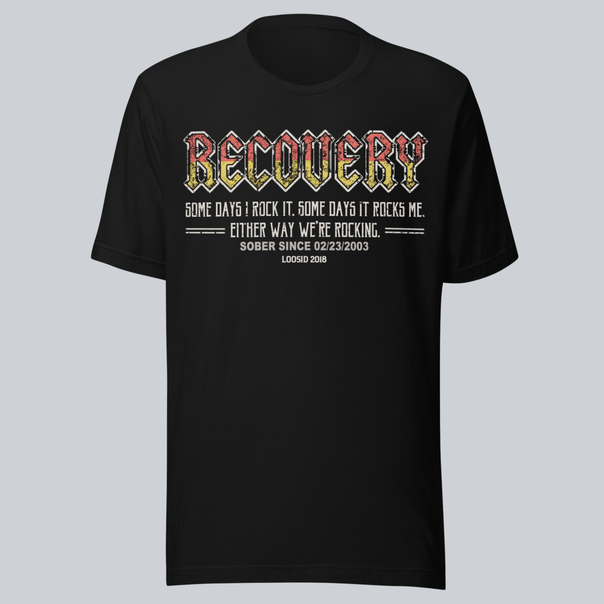 Recovery Rock Sober T Shirt flat lay styled image (view 3)