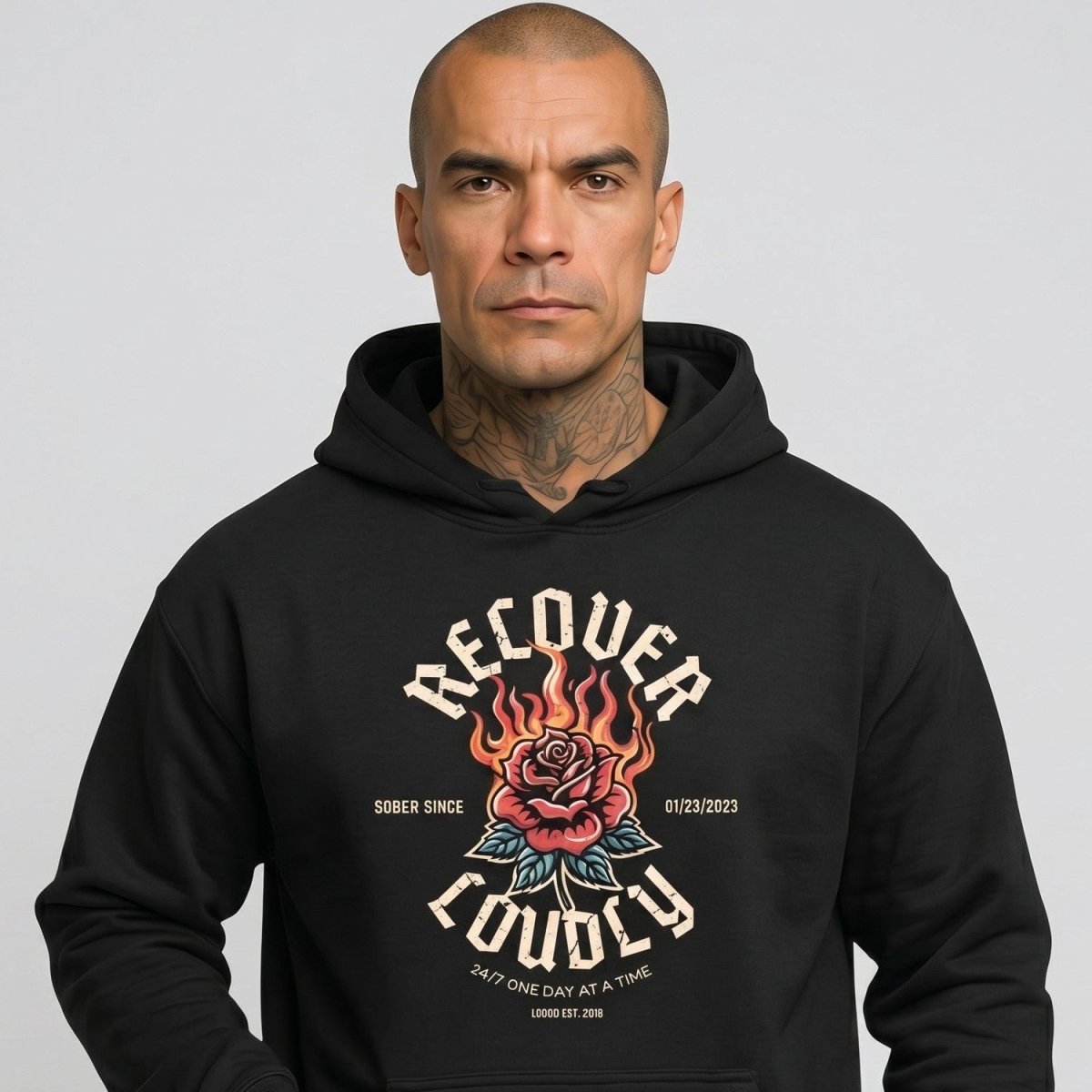 Recover Loudly Custom Sobriety Date Recovery Hoodie close-up view (view 2)