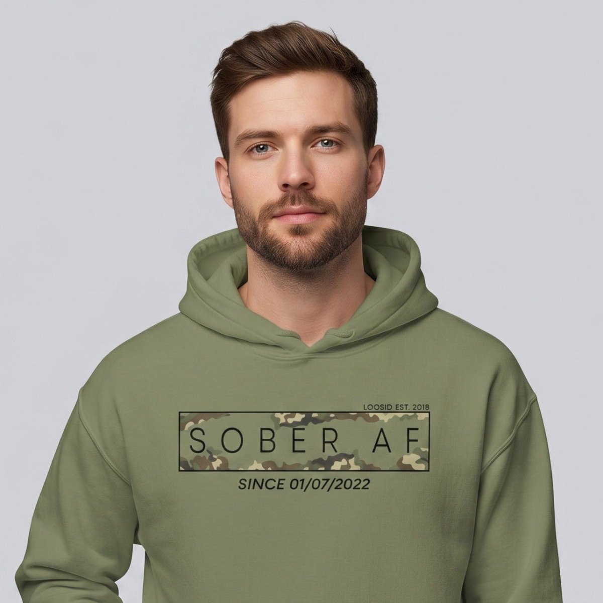 Sober AF Camo Recovery Hoodie close-up view (view 12)
