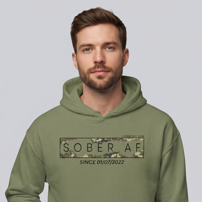 Sober AF Camo Recovery Hoodie close-up view (view 12)