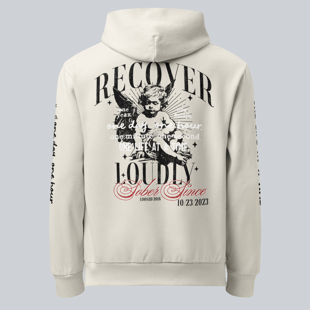 Recover Loudly Cream Recovery Hoodie Limited Edition Recovery Hoodie lifestyle view (view 5)