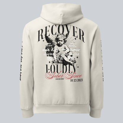 Recover Loudly Cream Recovery Hoodie Limited Edition Recovery Hoodie lifestyle view (view 5)
