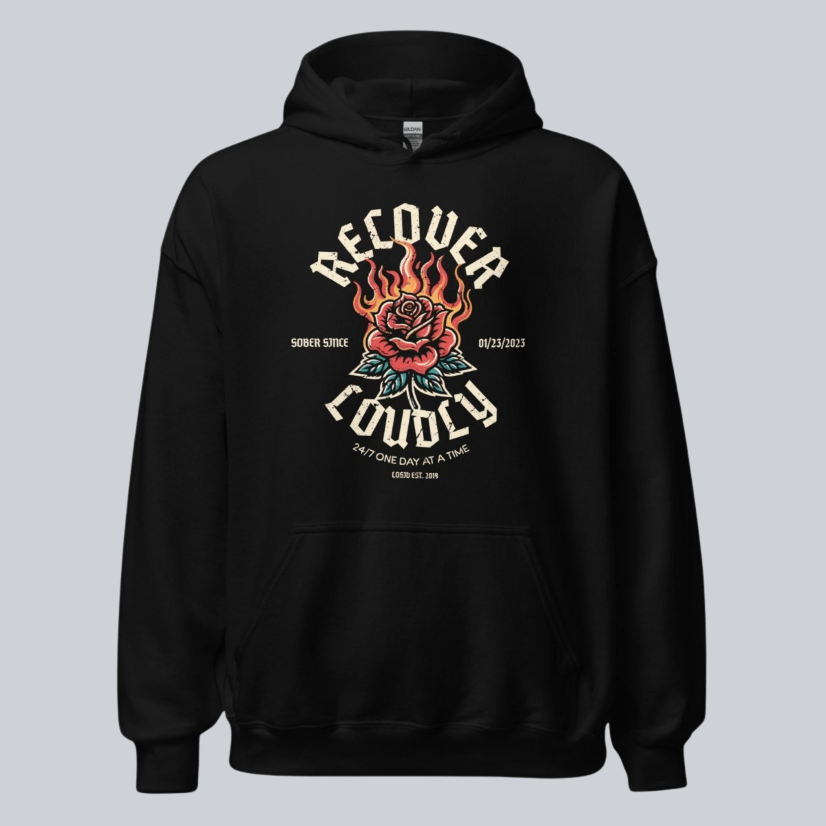 Recover Loudly Custom Sobriety Date Recovery Hoodie graphic detail (view 4)