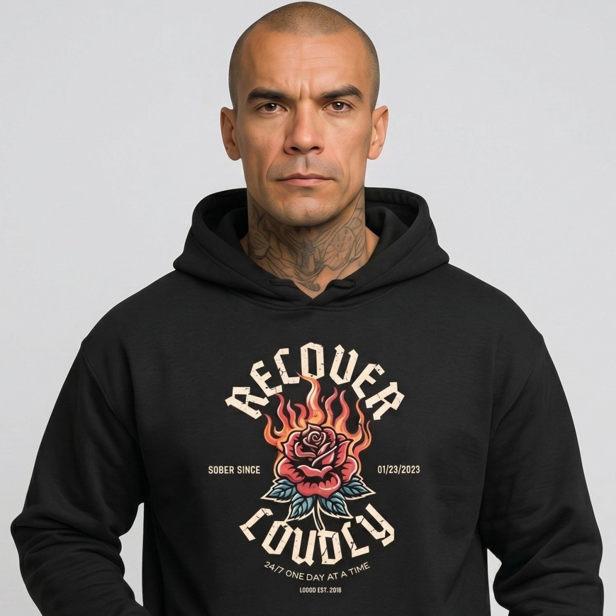 Loosid Recover Loudly Custom Sobriety Date Recovery Hoodie featuring the design