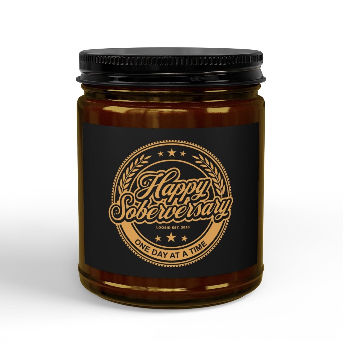 Loosid Happy Soberversary Scented Soy Candles with Black Lid Sobriety Gift featuring the design
