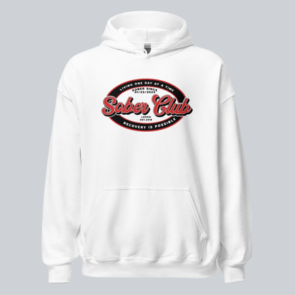 Sober Club Badge Recovery Hoodie flat lay styled image (view 33)