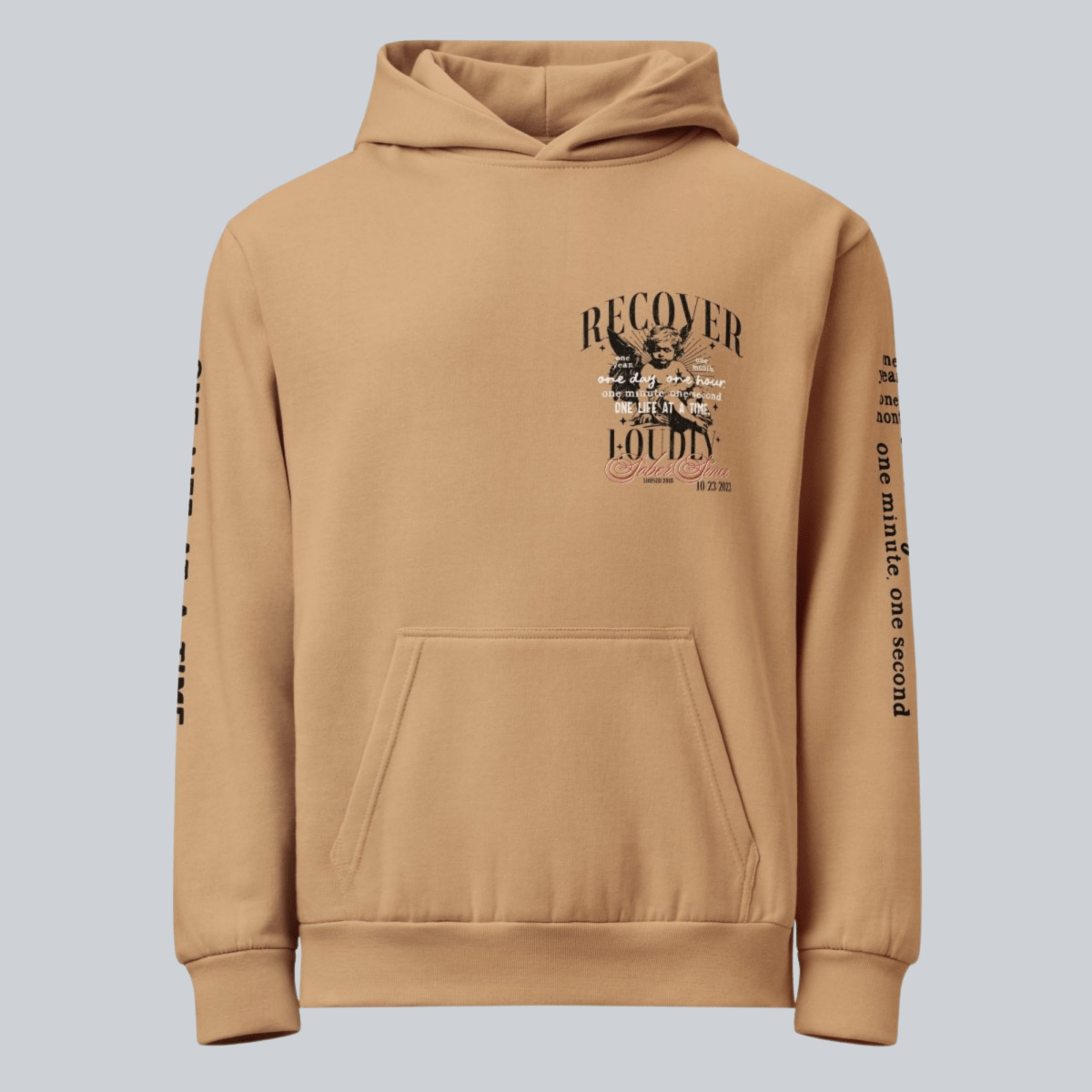 Recover Loudly Tan Recovery Hoodie Limited Edition Recovery Hoodie flat lay styled image (view 3)