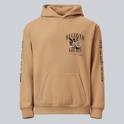 Recover Loudly Tan Recovery Hoodie Limited Edition Recovery Hoodie flat lay styled image (view 3)