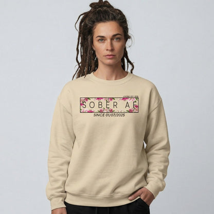 Sober AF Sweatshirt w Custom Sobriety Date Recovery Hoodie fit detail (view 19)