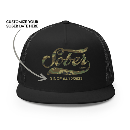Sober Since Camo w Personalized Date Sober Hat flat lay styled image (view 3)