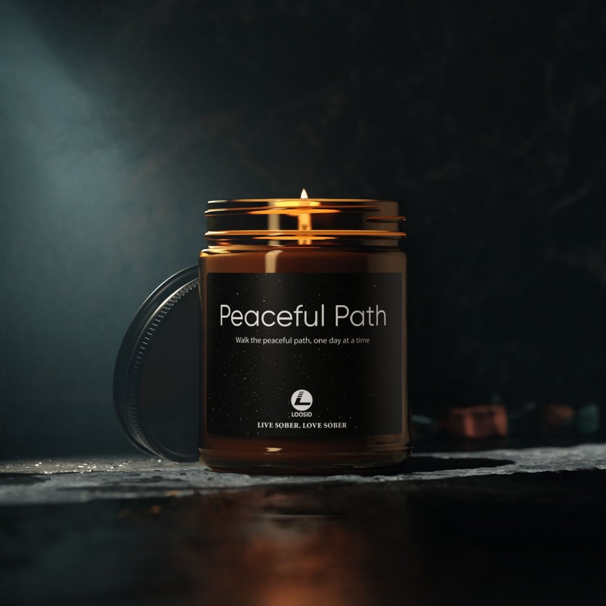 Loosid Peaceful Path Scented Soy Sobriety Candle featuring the design