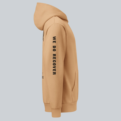 Recover Loudly Tan Recovery Hoodie Limited Edition Recovery Hoodie lifestyle view (view 5)