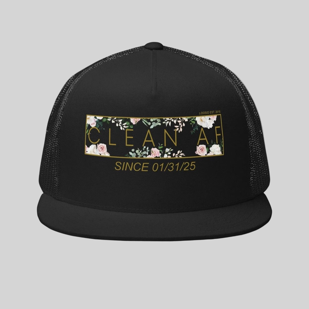 Clean AF Floral Trucker w Custom Date Sober Hat graphic detail (view 4)