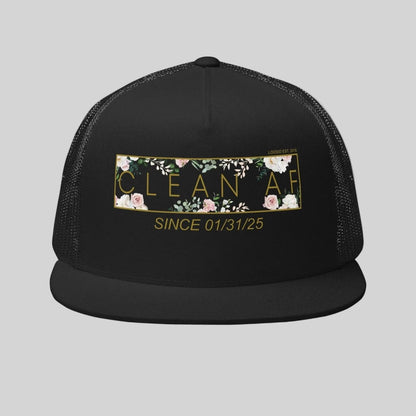 Clean AF Floral Trucker w Custom Date Sober Hat graphic detail (view 4)
