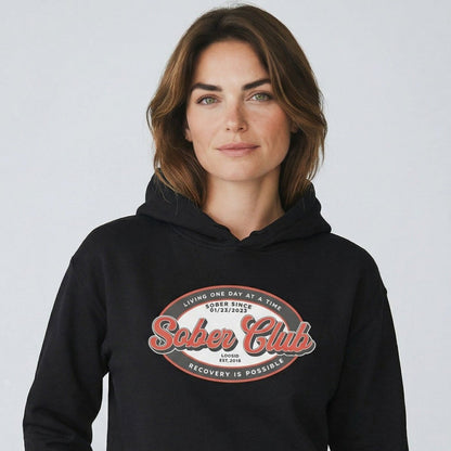Sober Club Badge Recovery Hoodie close-up view (view 2)
