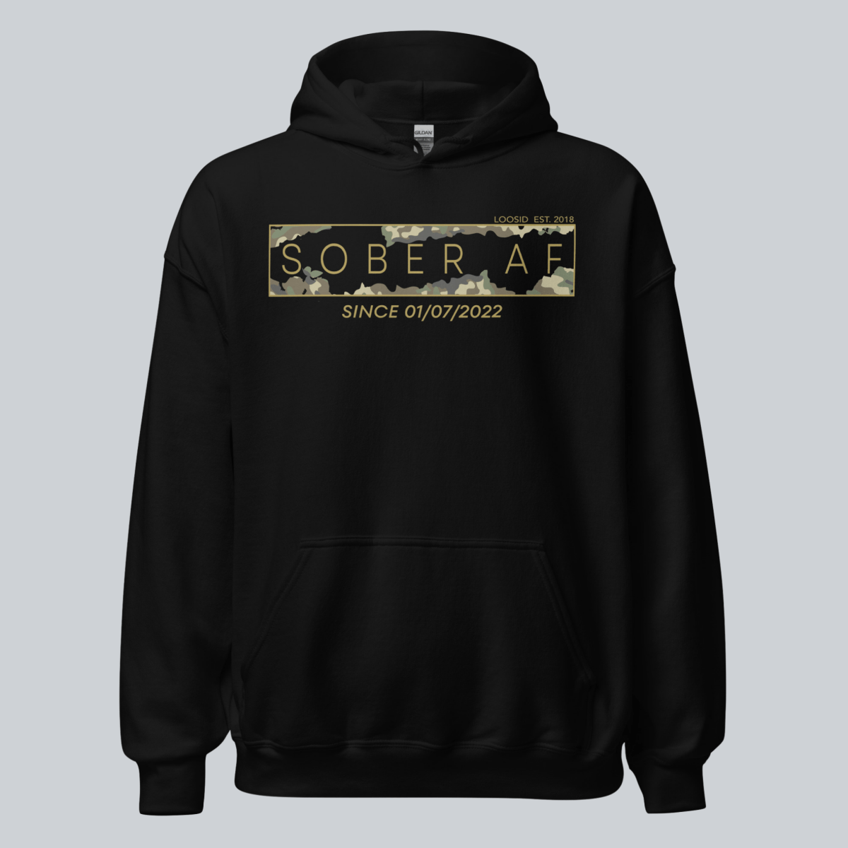 Sober AF Camo Recovery Hoodie flat lay styled image (view 3)