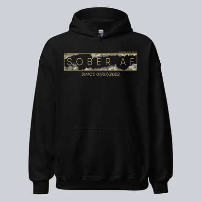 Sober AF Camo Recovery Hoodie flat lay styled image (view 3)