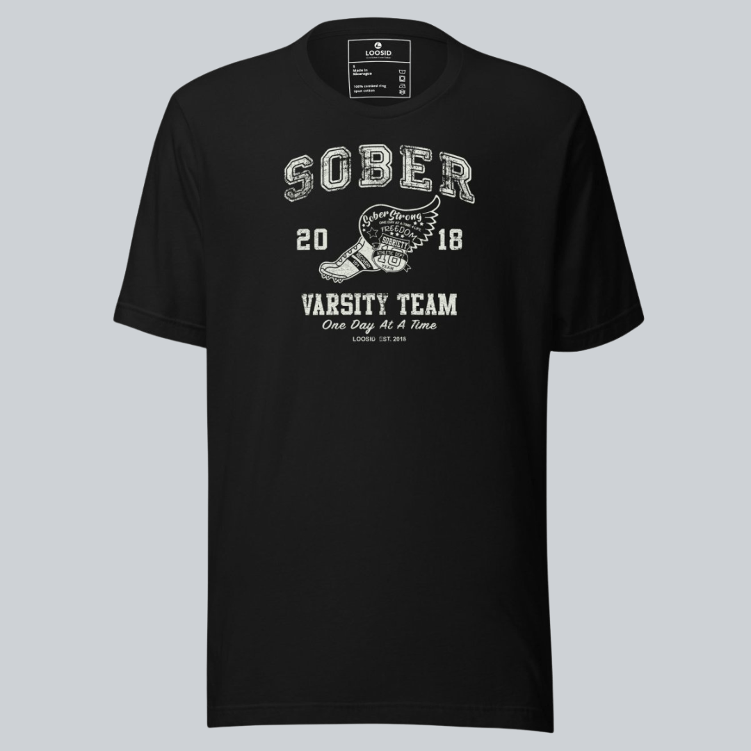 Sober Varsity Men's Sober Sober T Shirt flat lay styled image (view 3)