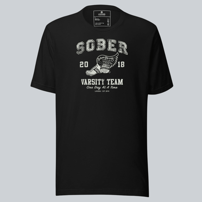 Sober Varsity Men's Sober Sober T Shirt flat lay styled image (view 3)