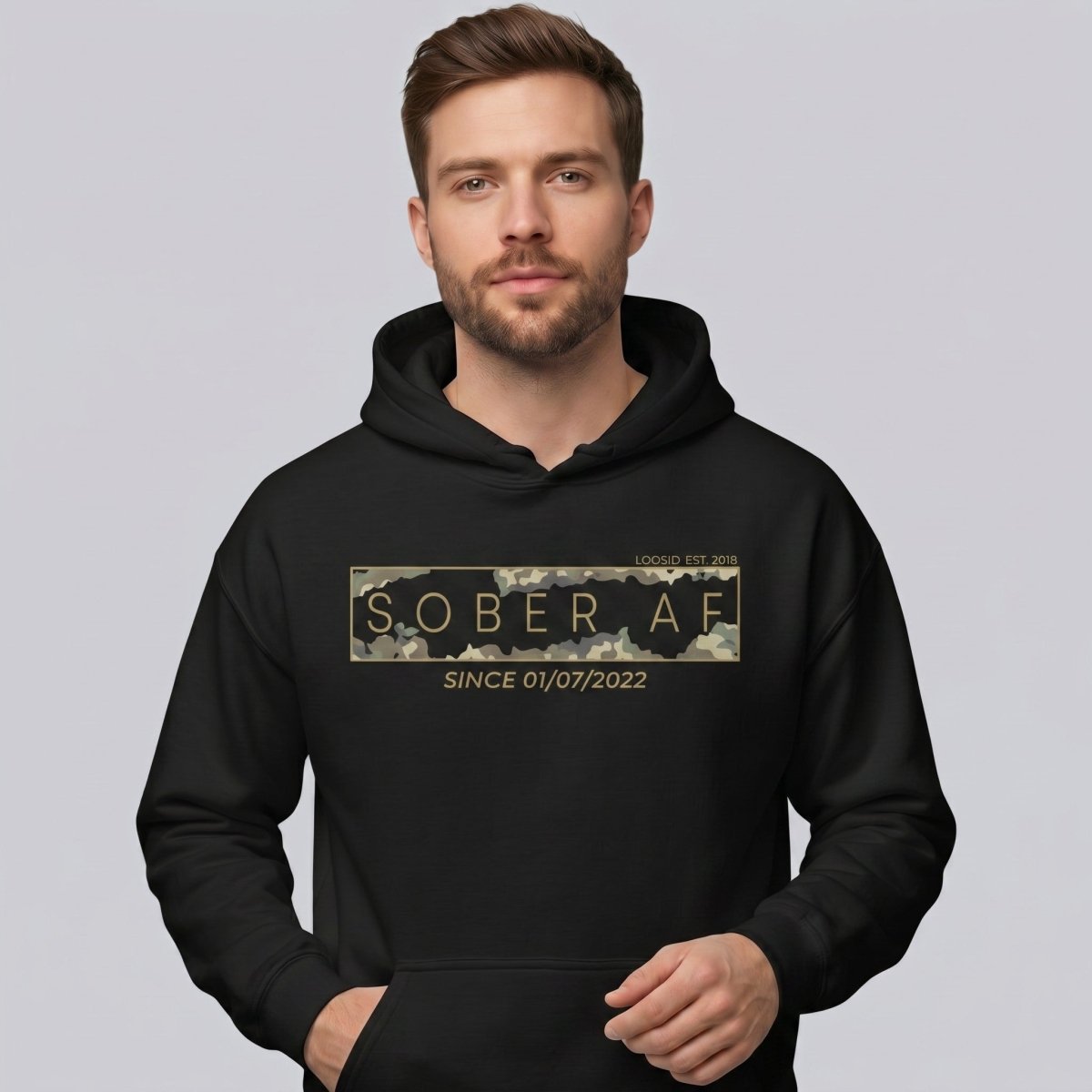 Sober AF Camo Recovery Hoodie side view (view 6)
