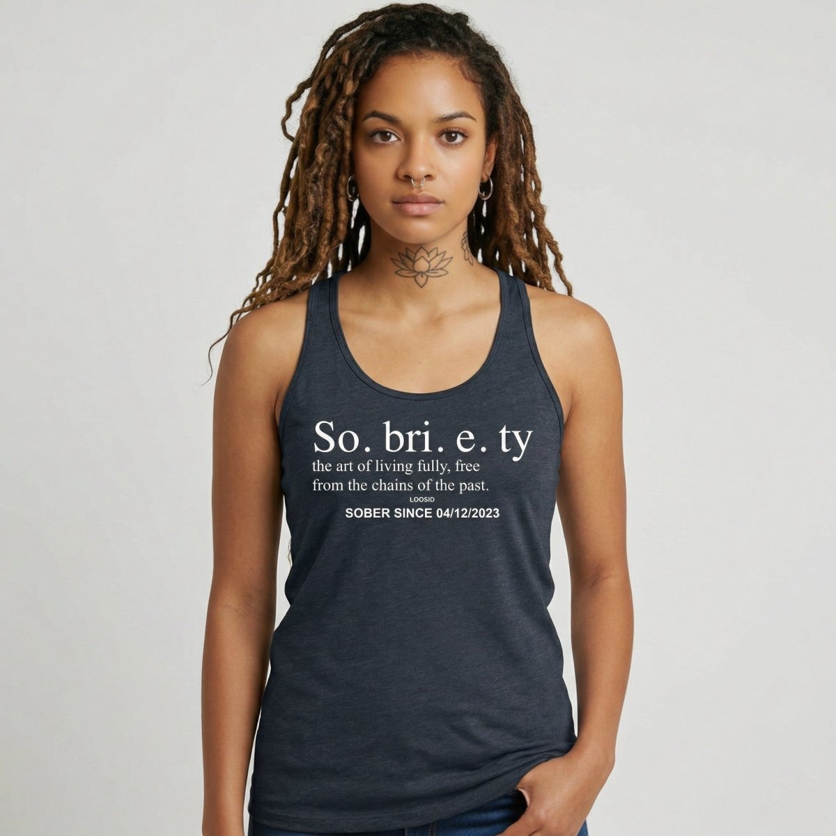 Sobriety Definition Women's w Personalize Sober Date Sober Tank Top flat lay styled image (view 13)