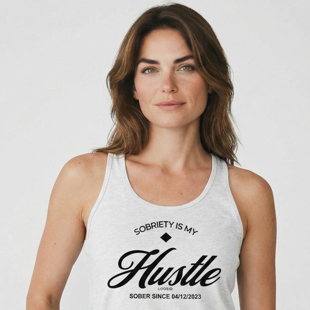 Hustle Women's w Personalize Sober Date Sober Tank Top flat lay styled image (view 23)
