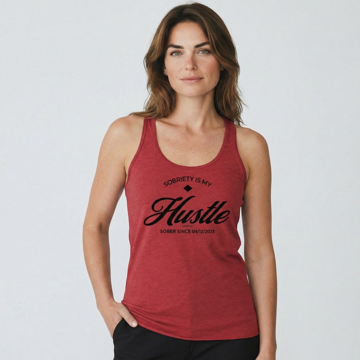 Hustle Women's w Personalize Sober Date Sober Tank Top close-up view (view 12)
