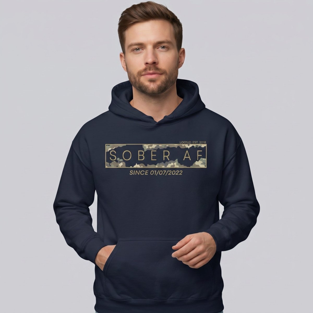 Sober AF Camo Recovery Hoodie fit detail (view 29)