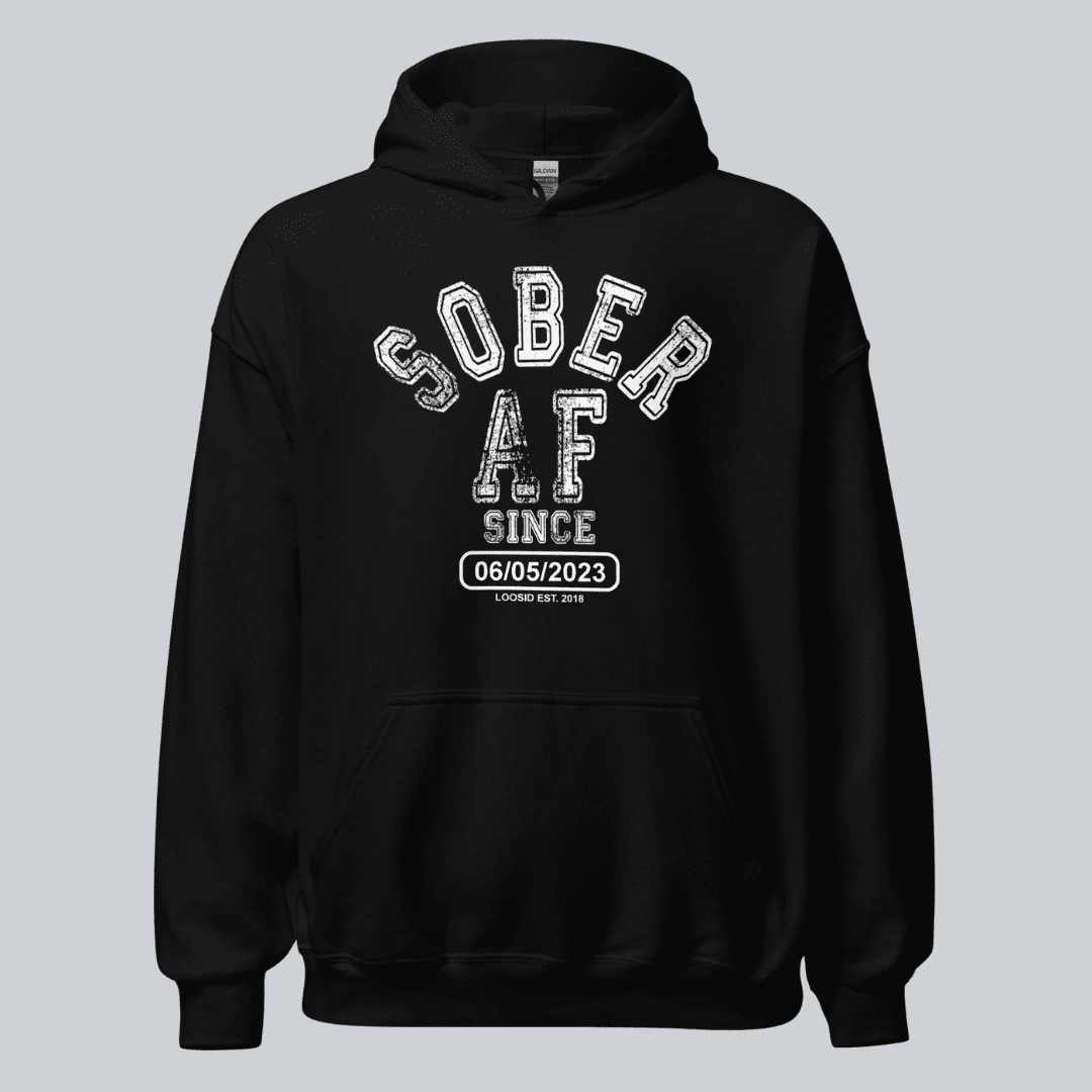 Sober AF Since Recovery Hoodie flat lay styled image (view 3)
