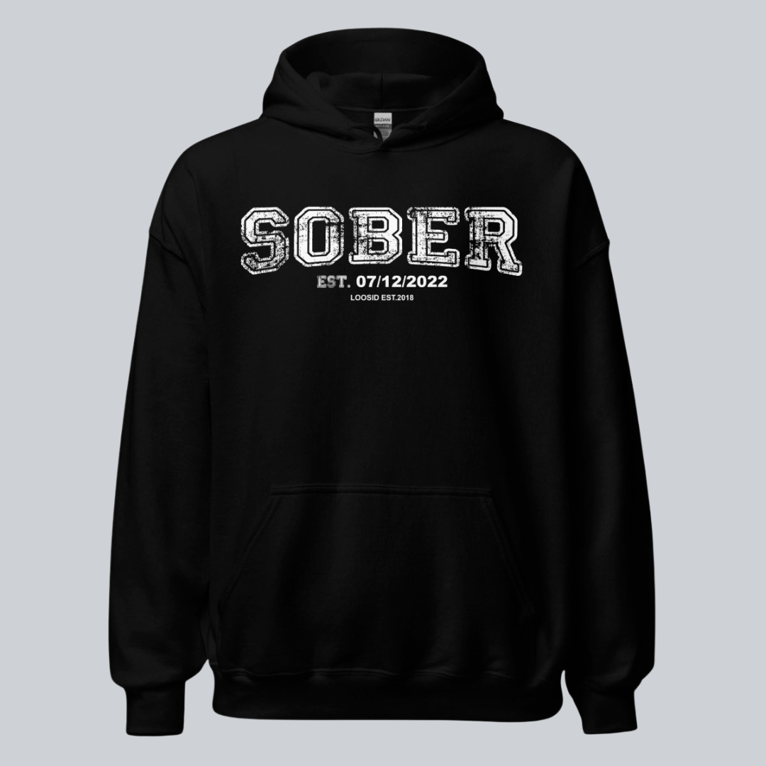 Sober Collegiate Hoodie W Personalize Sobriety Date Recovery Hoodie flat lay styled image (view 3)