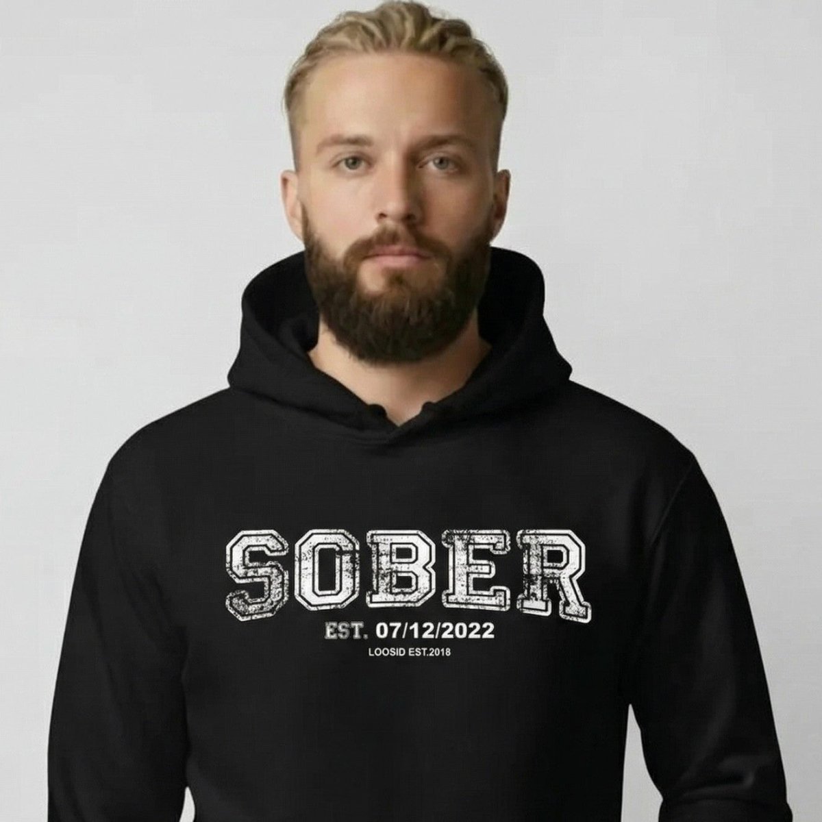 Loosid Sober Collegiate Hoodie W Personalize Sobriety Date Recovery Hoodie featuring the design